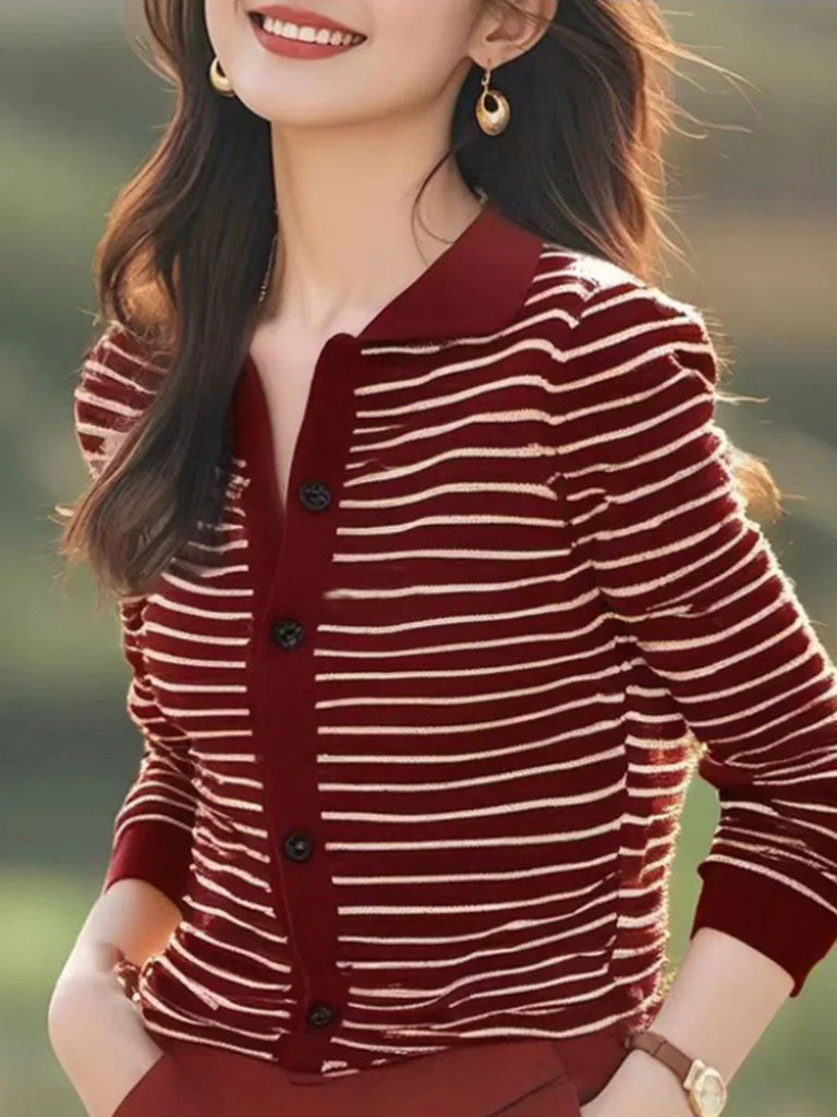 WW | Braun Gestreifter Revers Strick-Cardigan