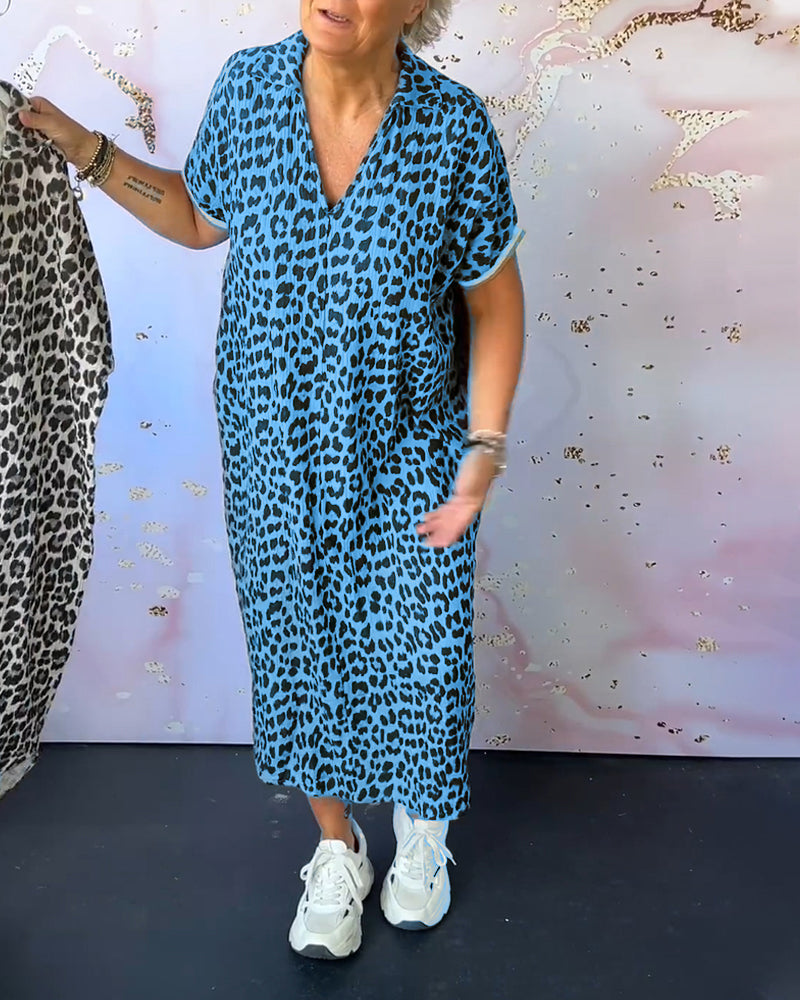 WW | Kurzärmliges Kleid mit Leopardenmuster und V-Ausschnitt