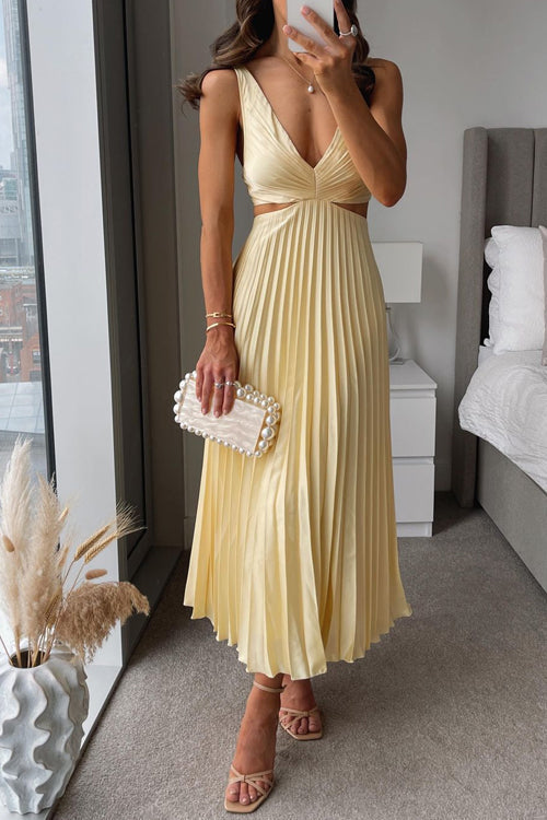 W&W Mode | V-Ausschnitt Cut-Out Taille Ärmelloses Falten-Maxikleid