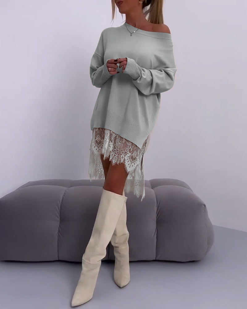 WW | Einfarbiger Slim Fit Off-Shoulder Pullover mit Spitzen