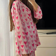 WW | Stilvolle Winter Casual Rosa Herz Druck Pyjama Set Für Frauen