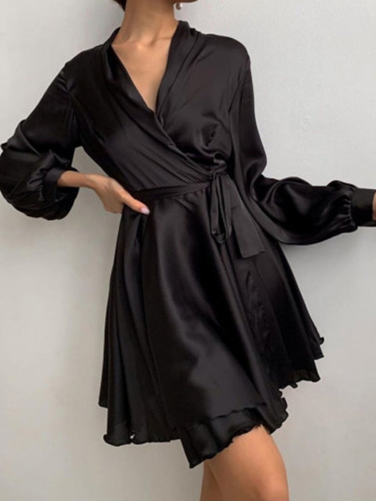 WW | Damen Mini Kleid Elegantes Wickelkleid Mit Langen Ärmeln Für Frauen
