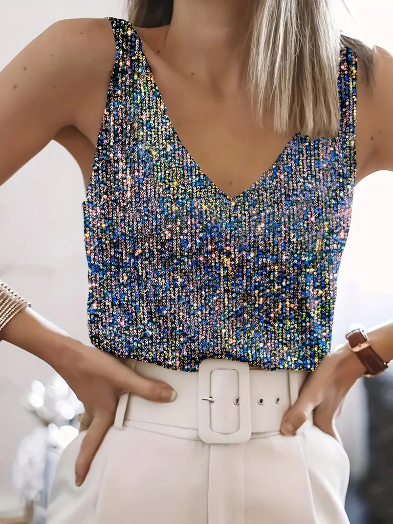 WW | Damen Glitter Pailletten V-Ausschnitt Top Ärmelloses Shirt Top Für Frauen