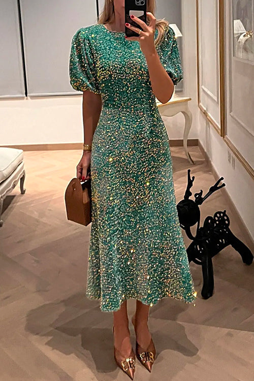 WW | Puff Kurzarm Tailliertes Pailletten Midi Partykleid