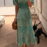 WW | Puff Kurzarm Tailliertes Pailletten Midi Partykleid