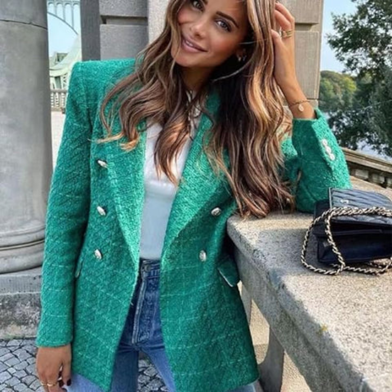 WW | Damen Doppelreiher Tweed Blazer, Reverskragen, Knopfdetails