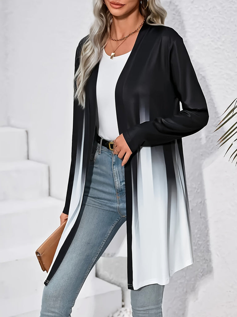 WW | Damen Verlauf Offene Vorderseite Strickjacke Lange Ärmel Leichter Lange Mantel