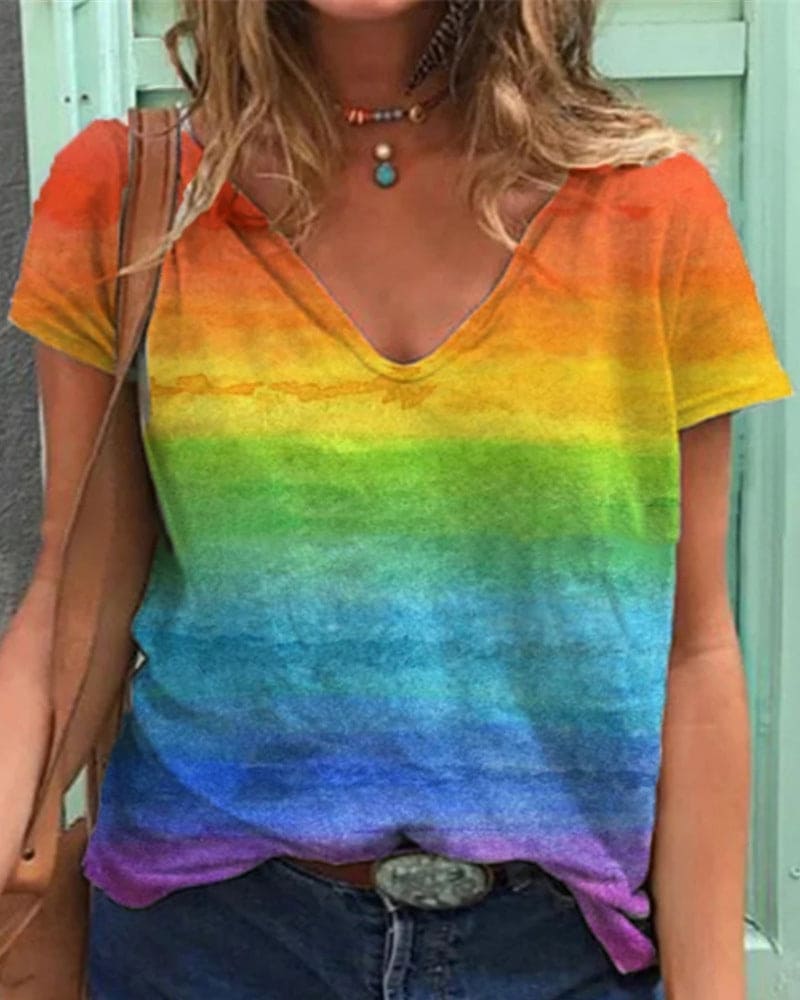 W&W Mode | Luftiges T-shirt Mit V-ausschnitt Und Regenbogenmuster