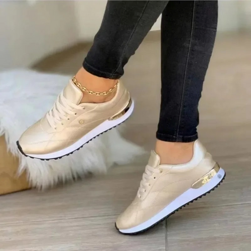 W&W Mode | Gold Leder atmungsaktive runde Zehen Damen Schuhe