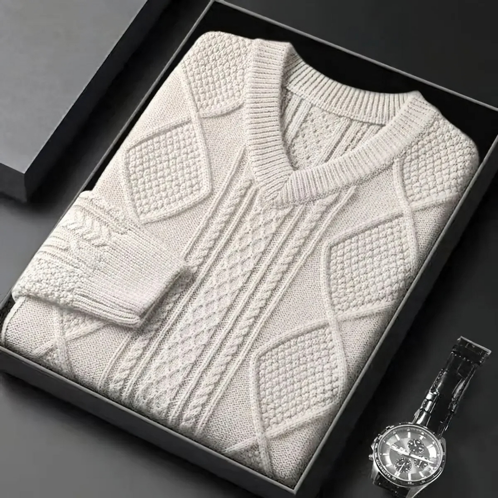 WW | Wollpullover Herren Mit V-ausschnitt Und Aufwendigem Strickmuster