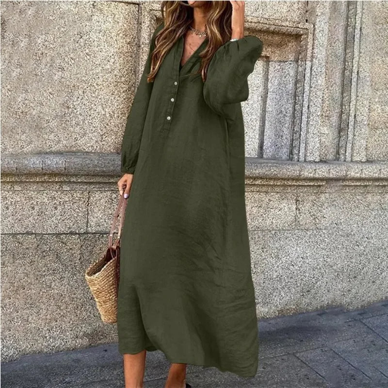 WW | Bequemes Leinenkleid mit V-Ausschnitt aus Baumwolle