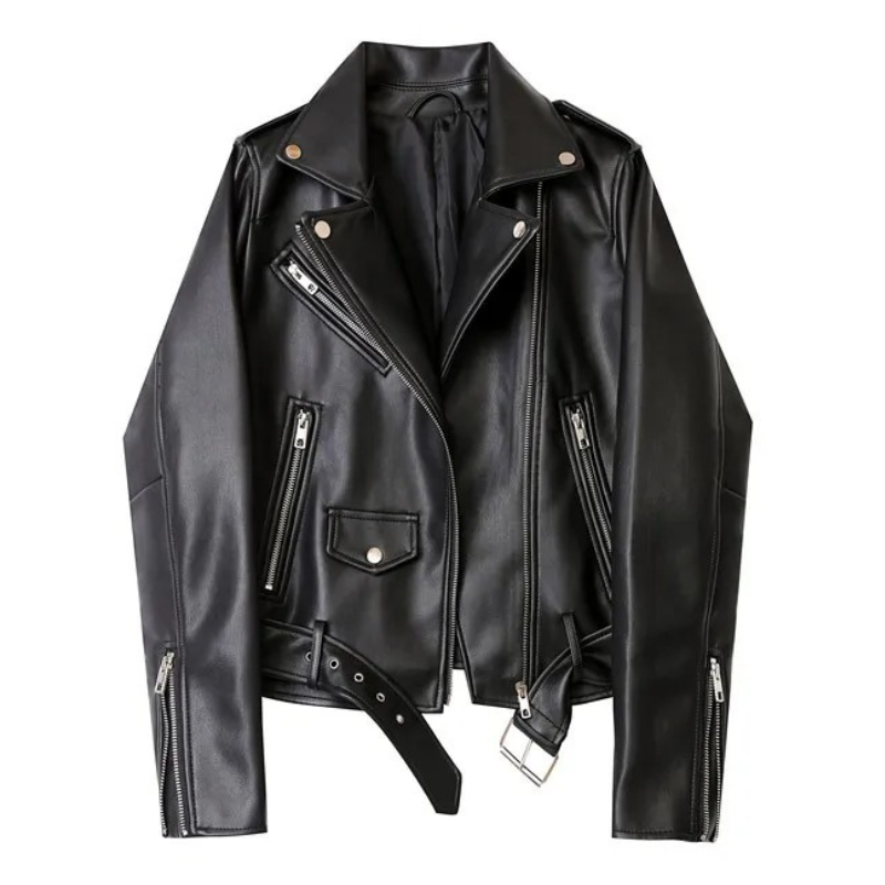 W&W Mode | Damen-Biker-Lederjacke mit Reißverschlüssen und Gürtel