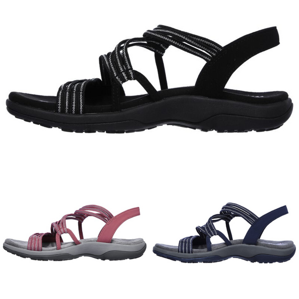 Orthopädische Sandalen mit gekreuzten Riemen und einer stützenden Sohle, dargestellt in Schwarz, Blau und Pink auf weißem Hintergrund