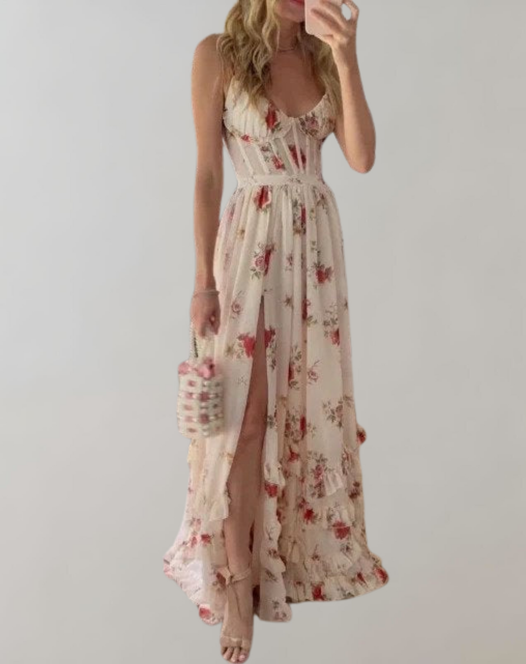 W&W Mode | Ärmelloses, tailliertes Kleid mit Blumendruck und sexy Beinausschnitt