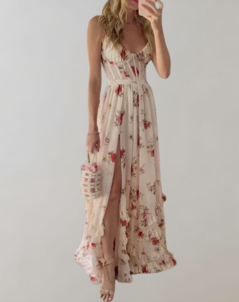 WW | Ärmelloses, tailliertes Kleid mit Blumendruck und sexy Beinausschnitt