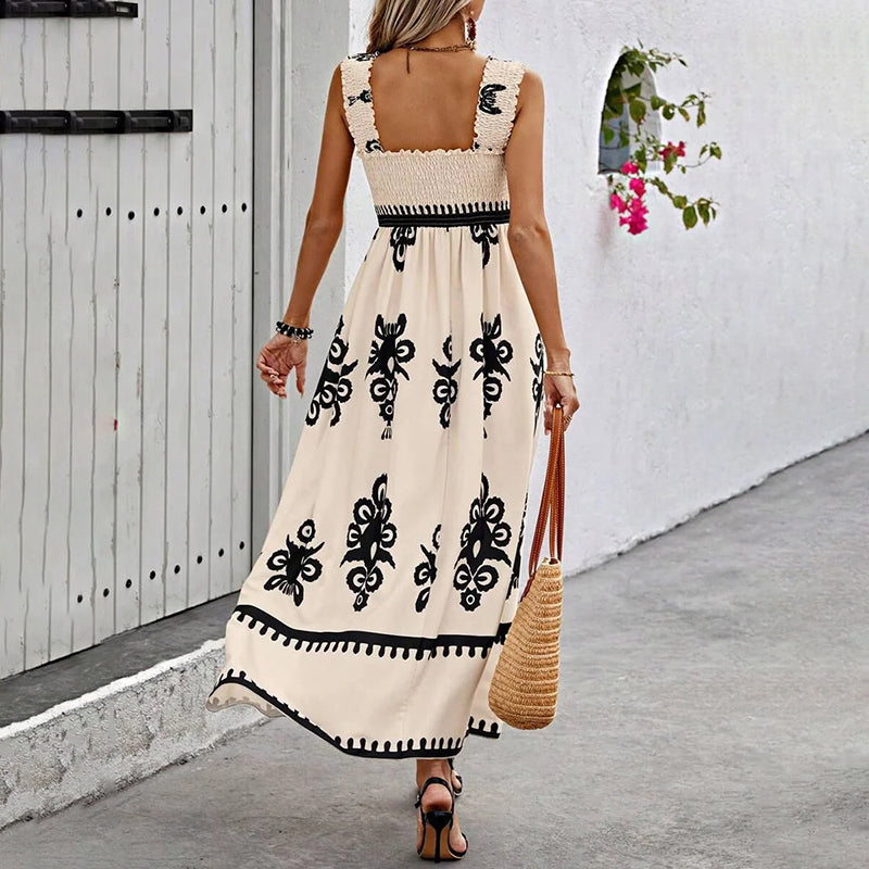 W&W Mode Retro Kleid | Langes Kleid mit Retro-Druck und Schulterriemen