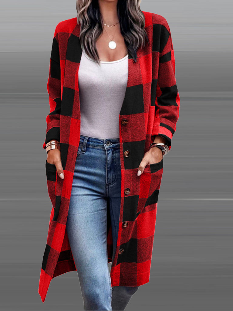 WW | Langarm Karierter Taschen Lange Strickjacke