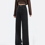 WW | Lockere Dunkle Hohe Taillen Bodenlange Denim Hose