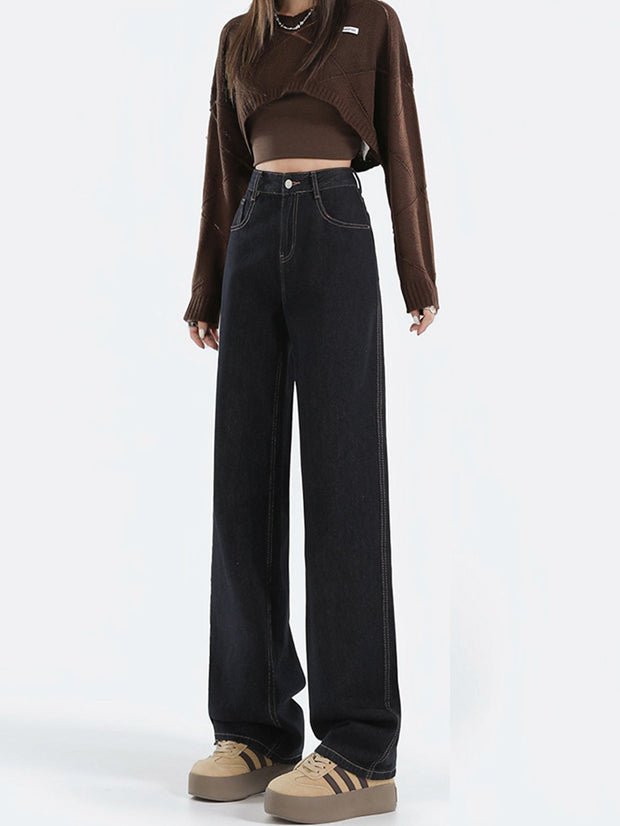 WW | Lockere Dunkle Hohe Taillen Bodenlange Denim Hose