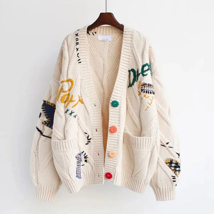 W&W Mode | Gestrickte V-Ausschnitt Damenjacke mit Stickerei