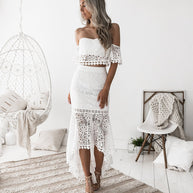 WW | Spitze Off-Shoulder Crop Top Hoch Niedrig Rock 2-teiliges Set