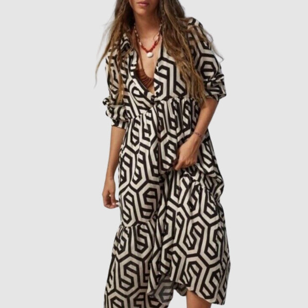 WW | Langarm Maxikleid mit Geometrischem Druck für Frauen Winsett