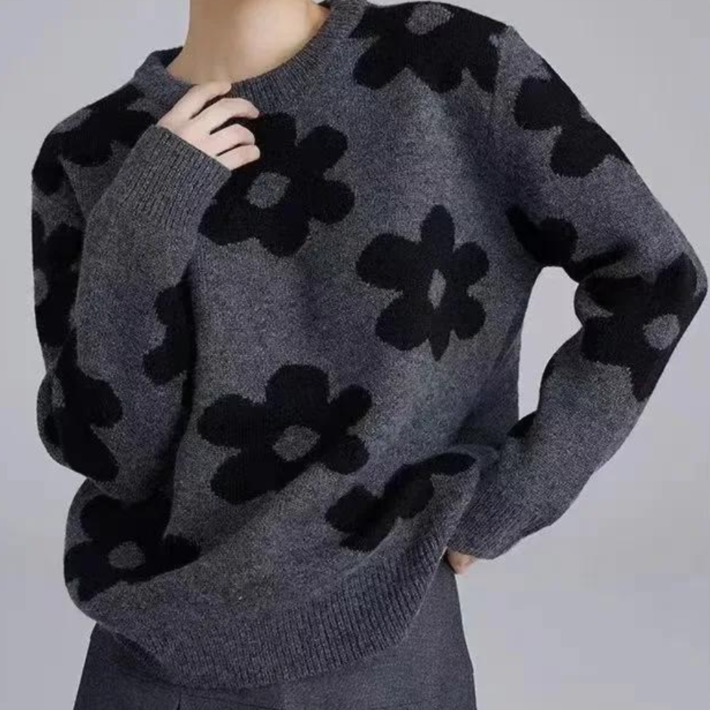 W&W Mode Sweater | Luxuriöser, weicher Strickpullover für Damen mit Blumendesign