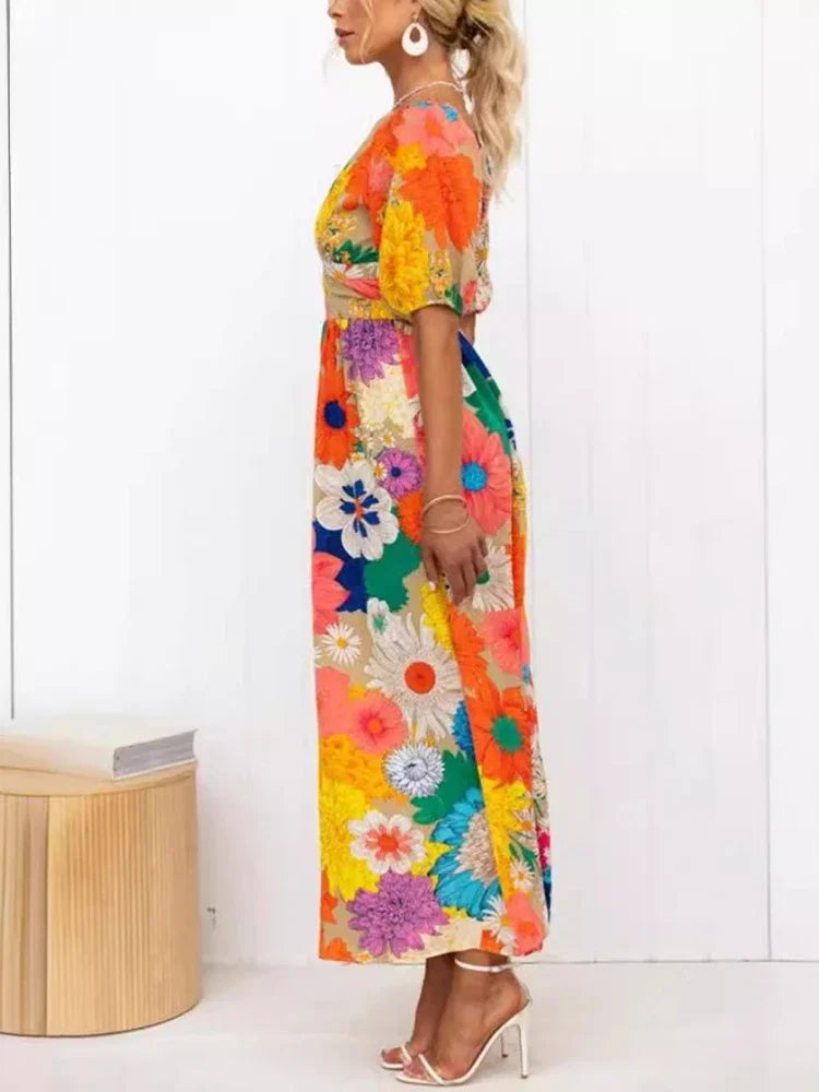 W&W Mode Floral Sommerkleid | Luftiges elegantes Sommerkleid mit V-Ausschnitt und Bubble Sleeves und Blumendruck