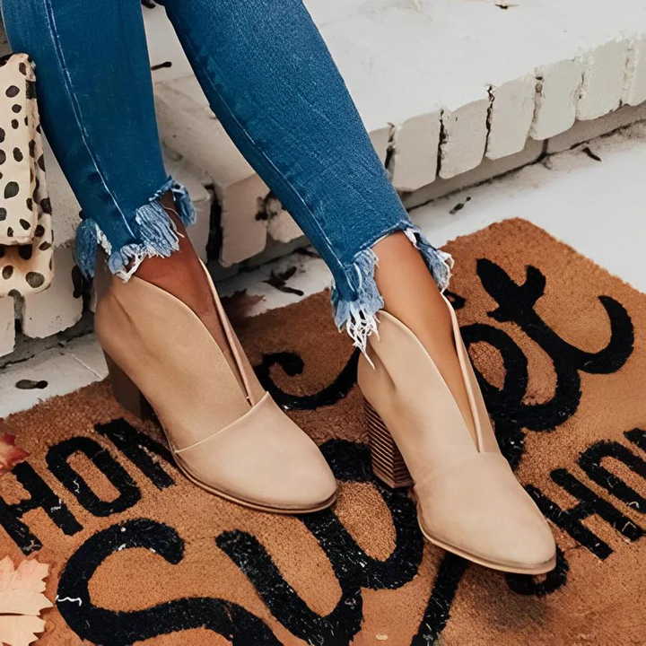 W&W Mode | Damen Hohe Ferse Ankle Boots, V-form Öffnung, Slipper, Chic und Elegant