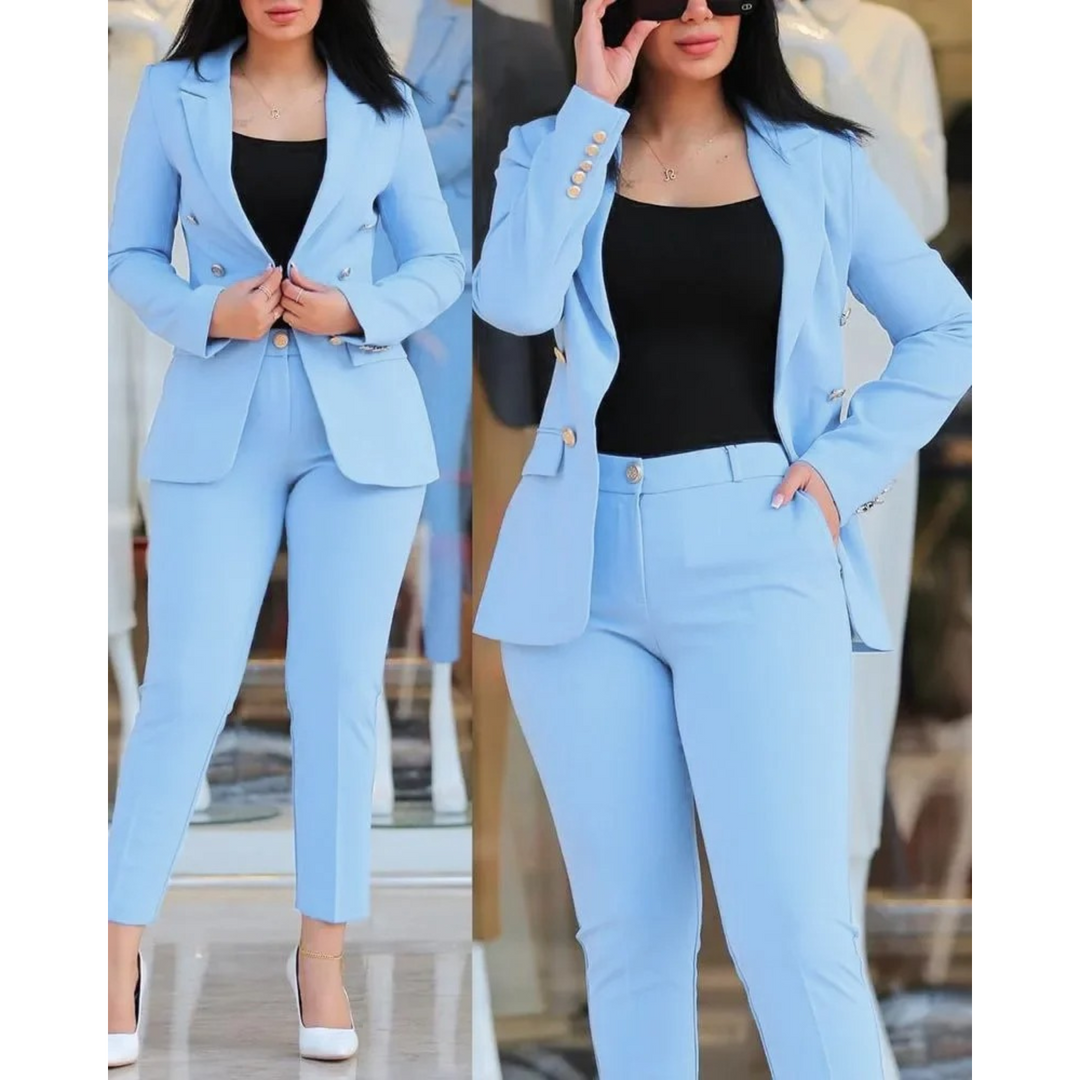 W&W Mode | Doppelknopf Blazer & Hosen Satz Mit Taschen Für Frauen