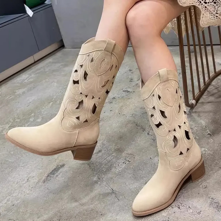 W&W Mode | Bestickte Westernstiefel Damen mit Dekorativen Ausschnitten, Cowboystiefel Damen
