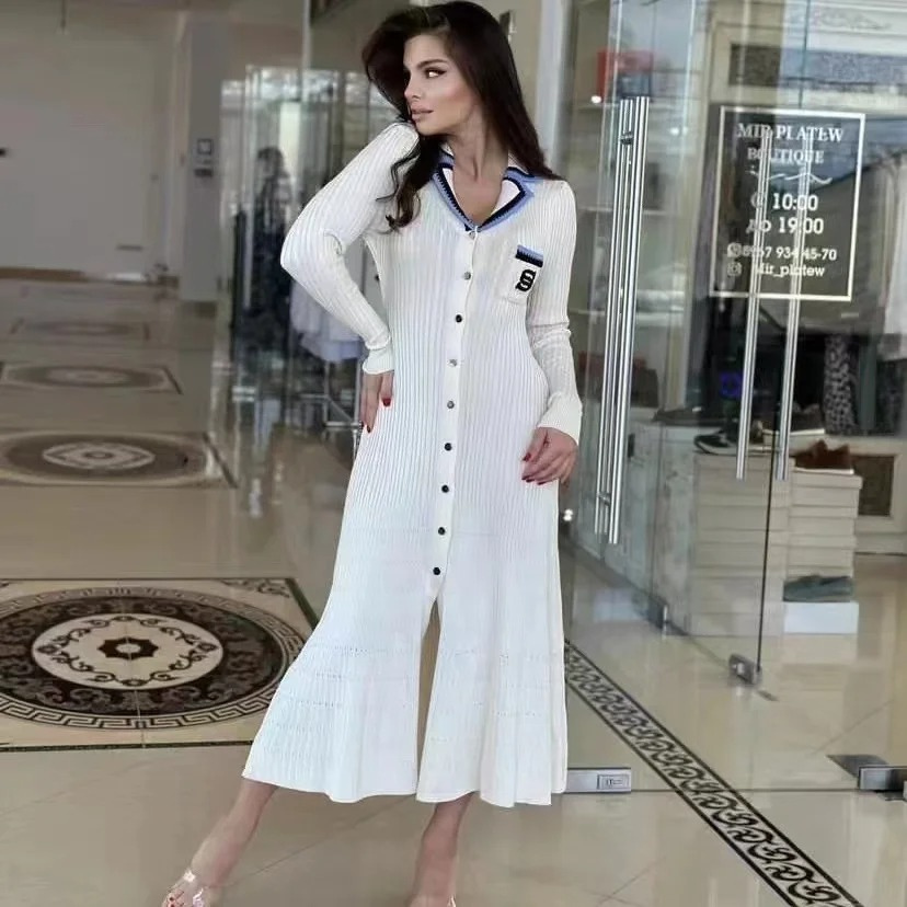 WW | Lange Ärmel Rippstrick Midi Kleid, Strick Damen Kleid