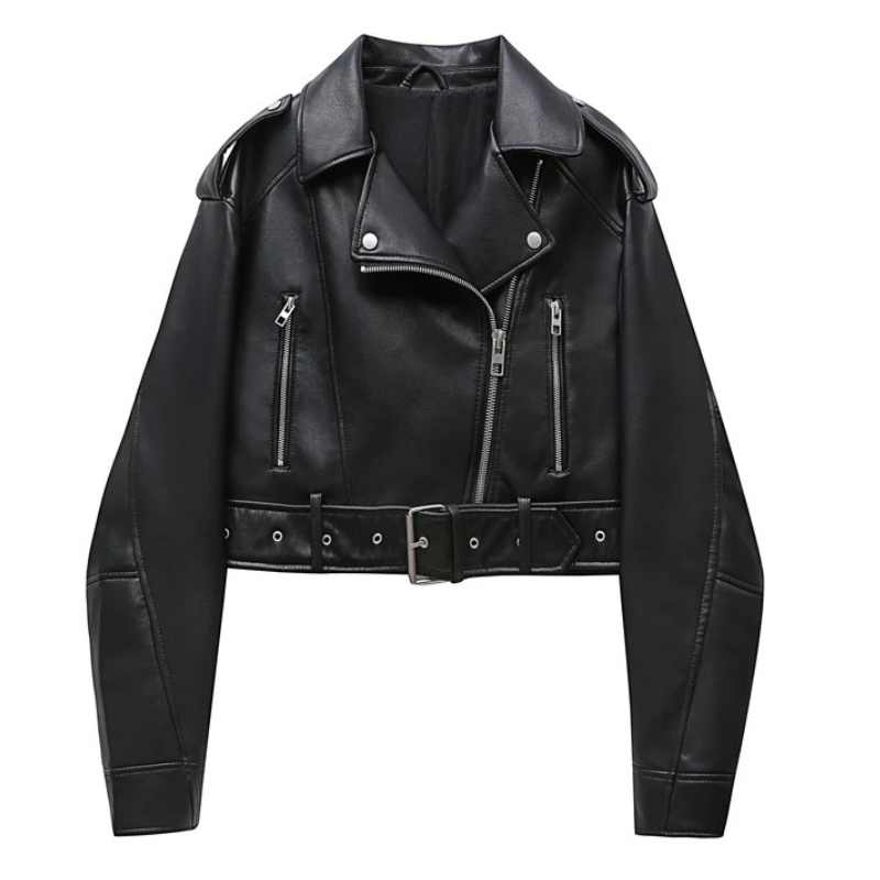 WW | Lederjacke Damen Kurz Biker Modell mit Gürtel und Reißverschlusstaschen