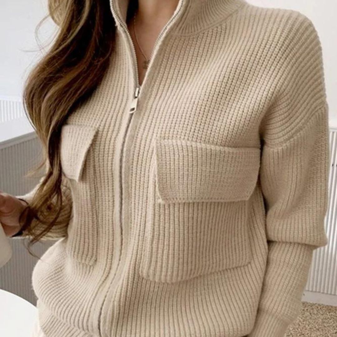WW | Beige Einfarbig Langarm Pullover mit hohem Ausschnitt