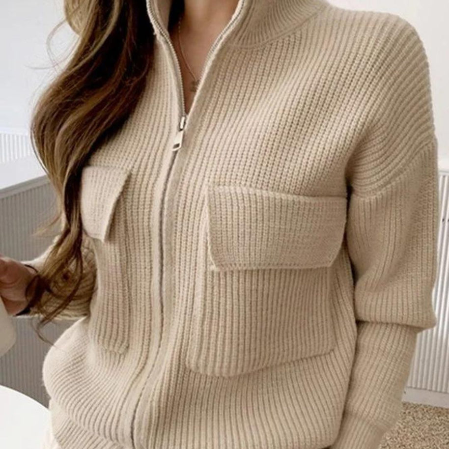 WW | Beige Einfarbig Langarm Pullover mit hohem Ausschnitt