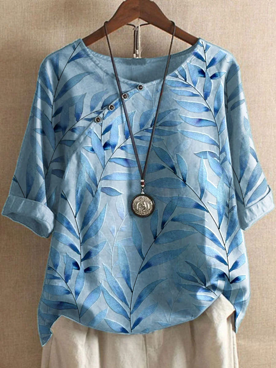 WW | Freizeit-T-Shirts aus Baumwolle und Leinen, mit Sommerblumenmotiven und Knöpfen