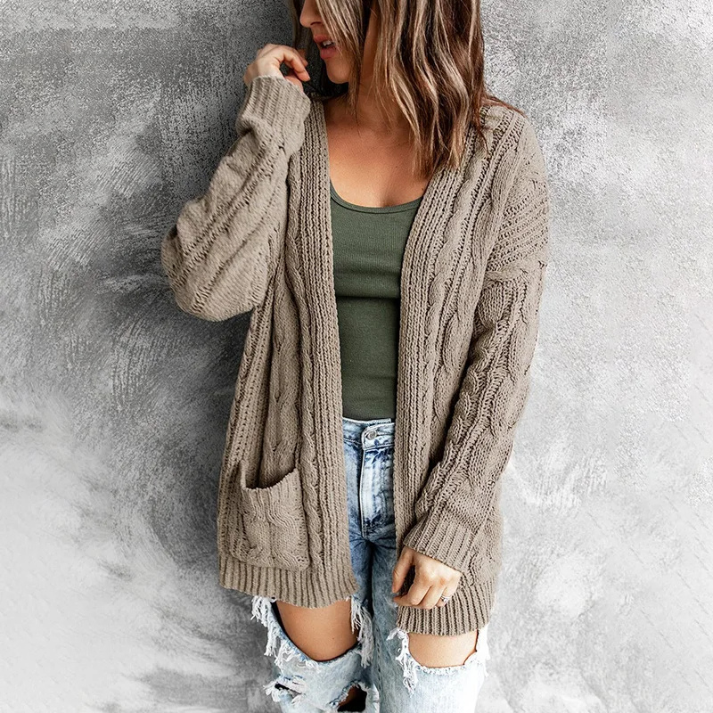 WW | Lange Strickjacken Für Damen Zopfstrick Strickjacke Mit Offenen Taschen