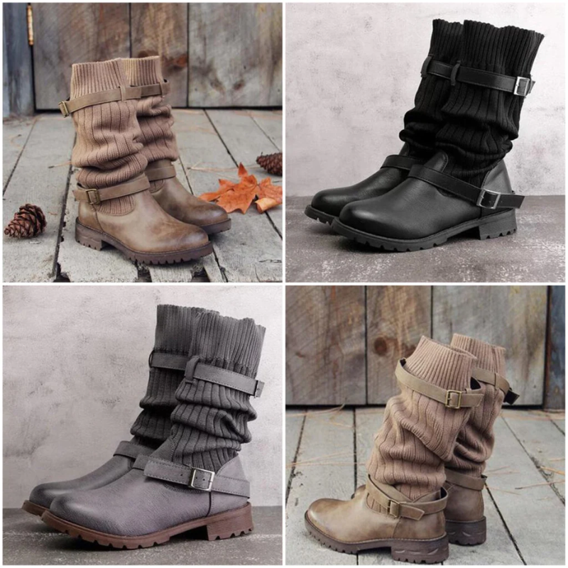 WW | Damen Stiefelette Bequeme Herbststiefel Mit Robuster Sohle Und Strickbund