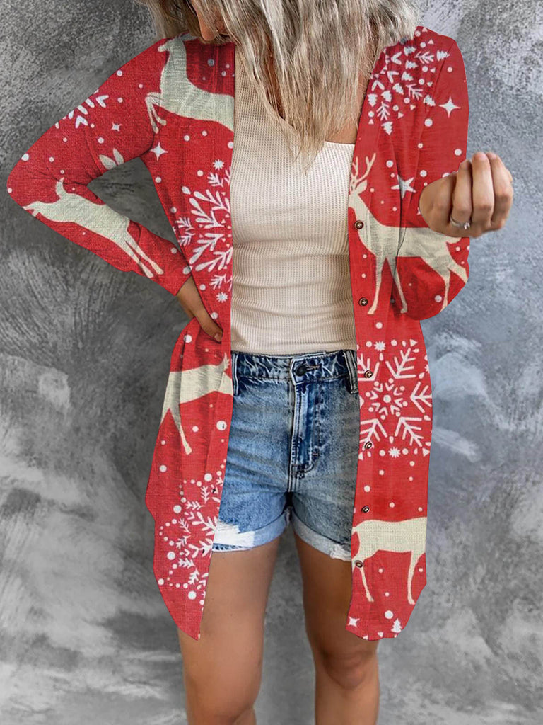 WW | Weihnachtsgrafik Druck Knopf unten Strickpullover Außenkleidung
