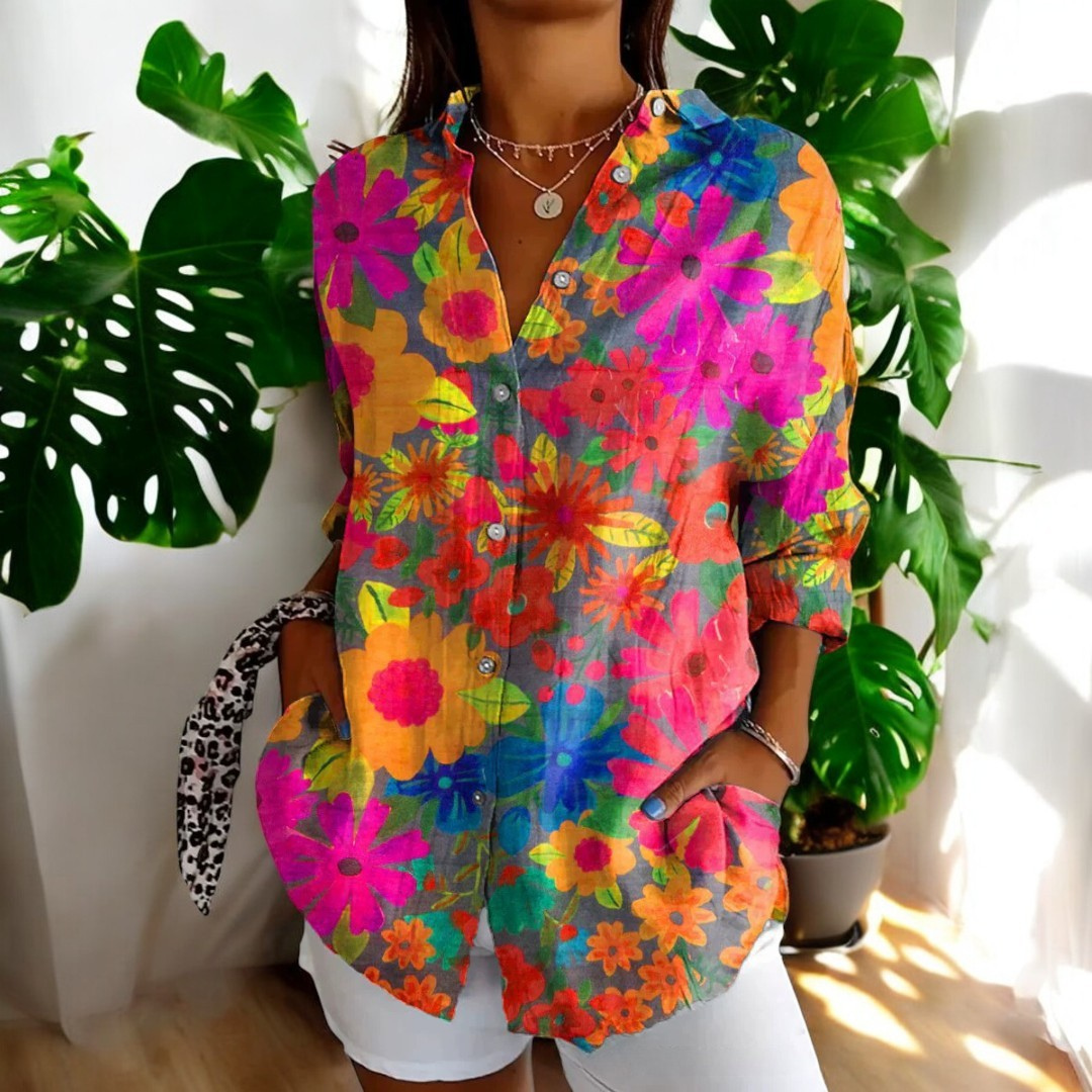WW | Lebhafte Bluse mit Blumenknöpfen für Damen