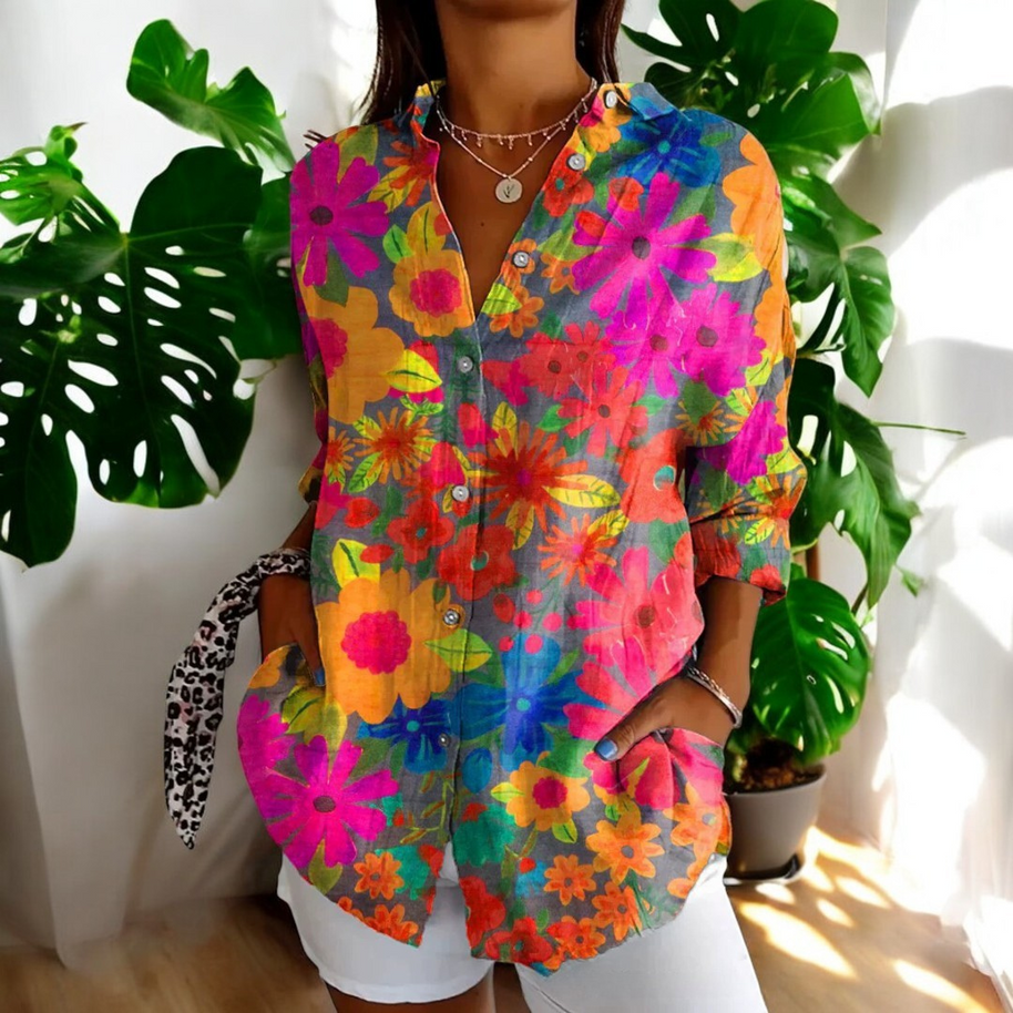 WW | Lebhafte Bluse mit Blumenknöpfen für Damen