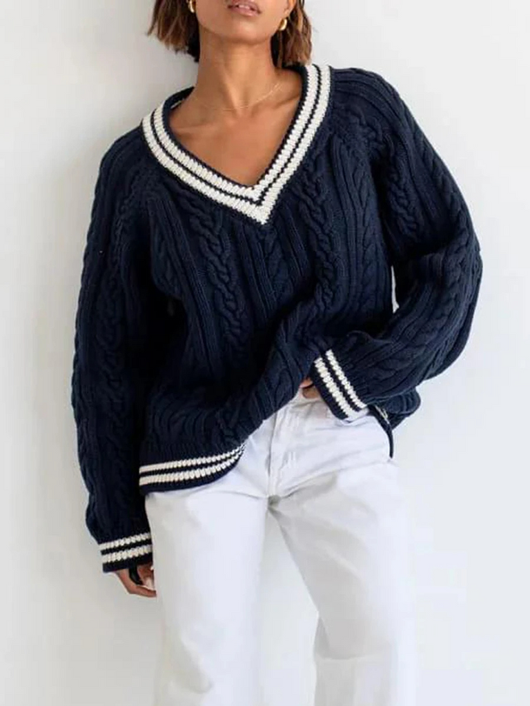 WW | Kabelpullover Damen V-ausschnitt Pullover Im Varsity Stil, Lässiger Pullover