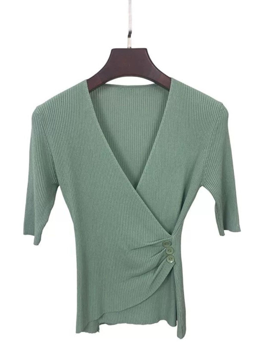 WW | Casual V-Ausschnitt Unifarben Stricktop Grün