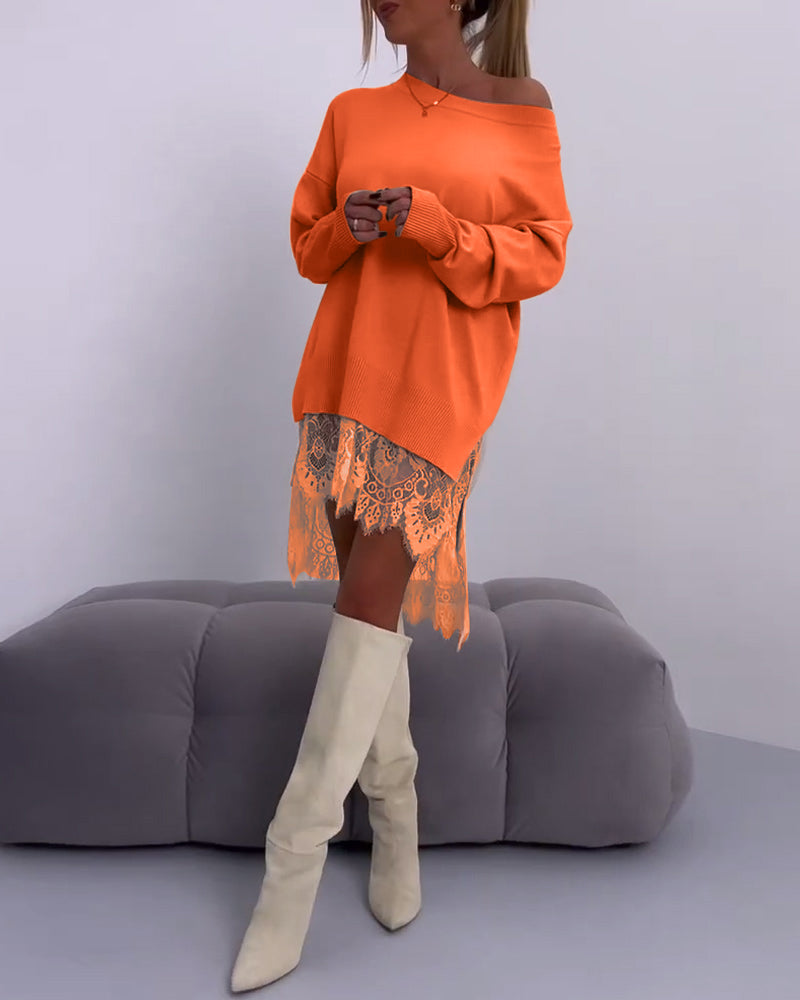 WW | Einfarbiger Slim Fit Off-Shoulder Pullover mit Spitzen