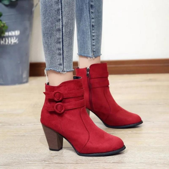 W&W Mode | Damen Wildleder Ankle Boots mit Doppelsteckverschluss, Hohem Blockabsatz, Reißverschluss