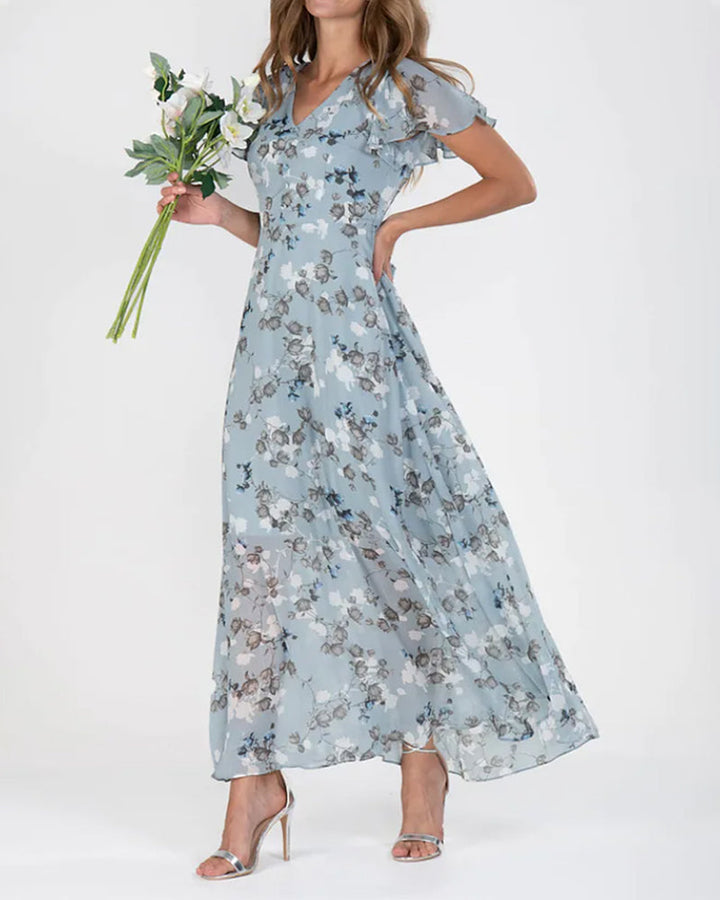 W&W Mode - Florales Maxikleid Damen | Chiffonstoff luftiges Sommerkleid | Maxikleid mit fließendem Rock