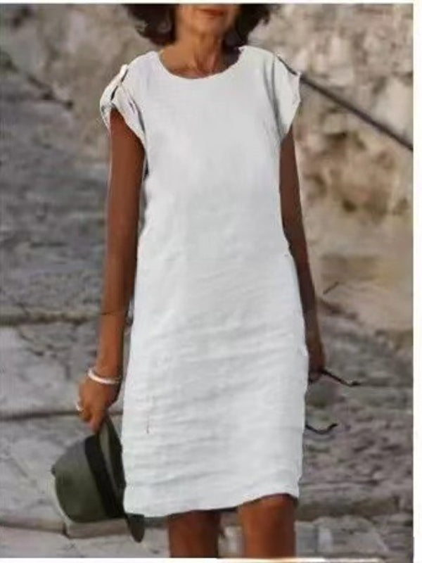 WW | Midikleid für Frauen In Farbenfrohem Baumwoll-Leinen Ohne Ärmel mit Rundem Ausschnitt