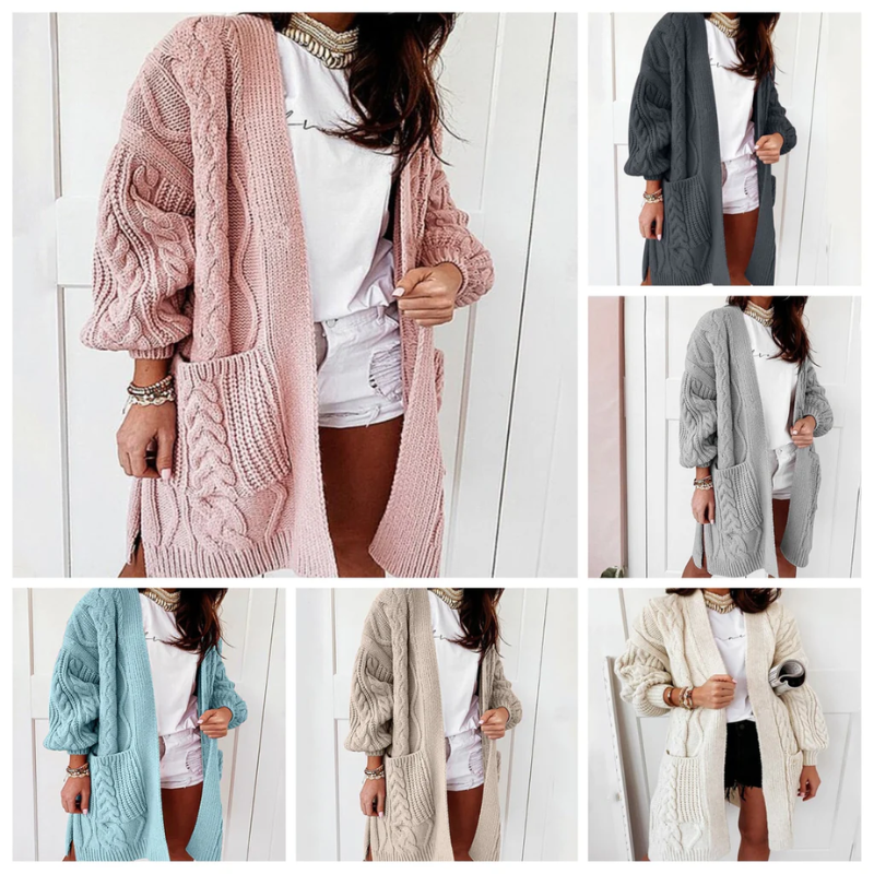 WW | Strickjacke Damen Langer Strickjacke Mit Zopfmuster Und Aufgesetzten Taschen