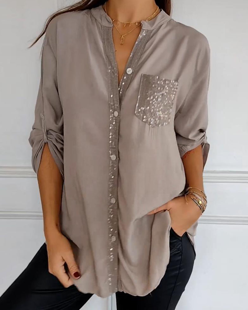 WW - Schicke Bluse mit Knopfleiste und Paillettenbesatz für Damen | Elegante Langarmbluse mit Paillettentasche