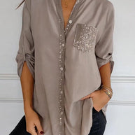 WW - Schicke Bluse mit Knopfleiste und Paillettenbesatz für Damen | Elegante Langarmbluse mit Paillettentasche